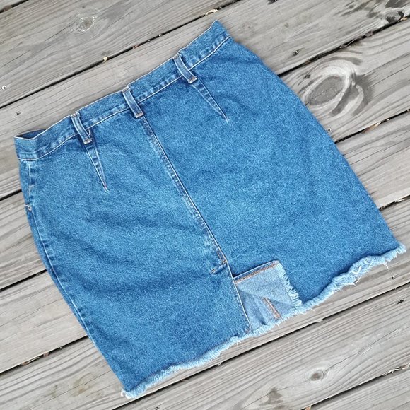 Vintage Denim Skirt Jeans w/ Fringe Aline Mini Distressed Frayed Edge L-XL - Picture 2 of 8